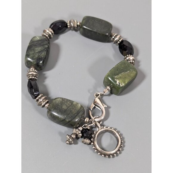 Polished Green Stone Bead Black Faceted Glass Bracelet Chunky Boho Statement 7" - Picture 6 of 7